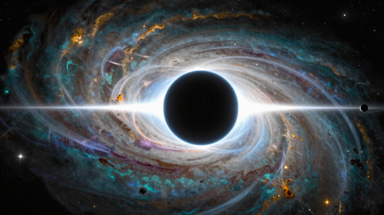 Buraco negro no espaço com disco de acreção luminoso e efeitos de distorção gravitacional colorida.