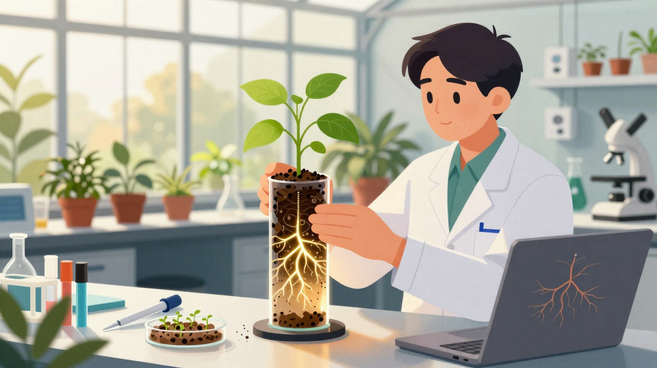 Cientista analisa crescimento radicular de planta num tubo de ensaio numa estufa de plantas.