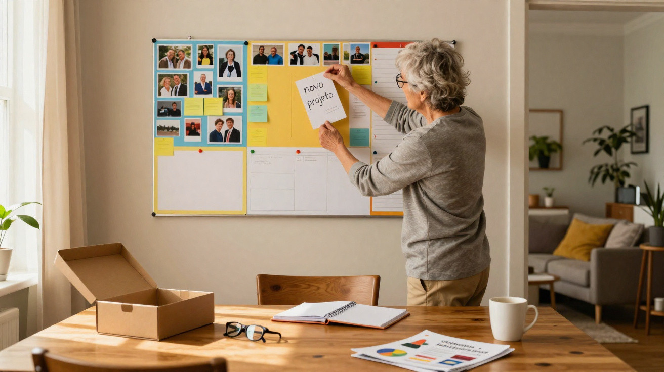 Mulher sénior a colar nota "novo projeto" num quadro de avisos numa sala iluminada.