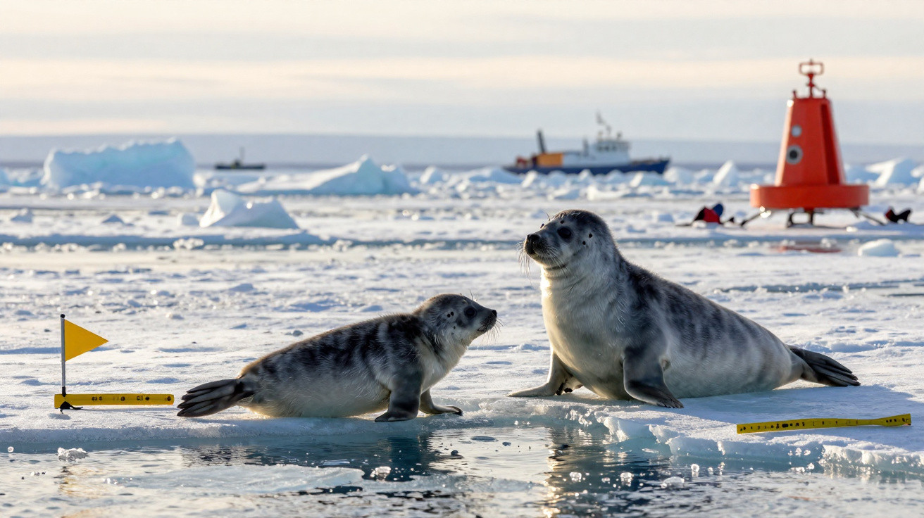 Duas focas sobre gelo no oceano ártico com um barco e um balão laranja ao fundo.