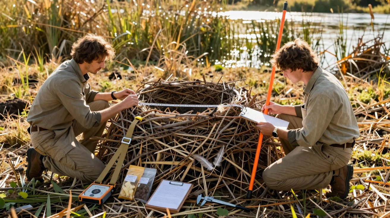 Dois investigadores medem colmeia gigante de avespas num ecossistema aquático, rodeados de vegetação e equipamentos.