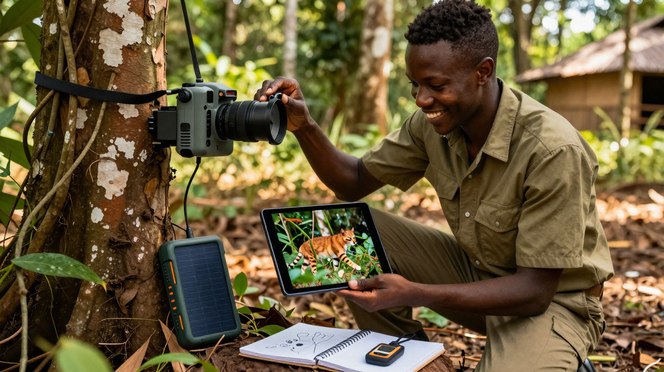 Homem na natureza vê foto de gato selvagem num tablet, com câmara e material de trabalho ao lado.