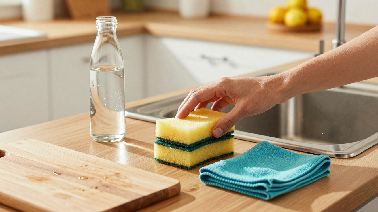 Mãos a pegar uma esponja amarela e um pano azul junto a uma pia de cozinha com garrafa de água ao lado.