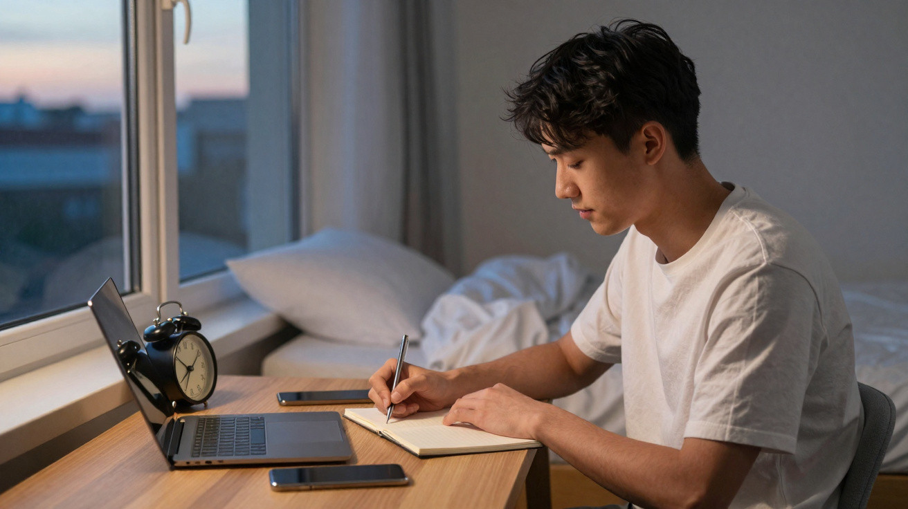 Jovem sentado a escrever num caderno ao lado de computador portátil e telemóvel num quarto ao entardecer.