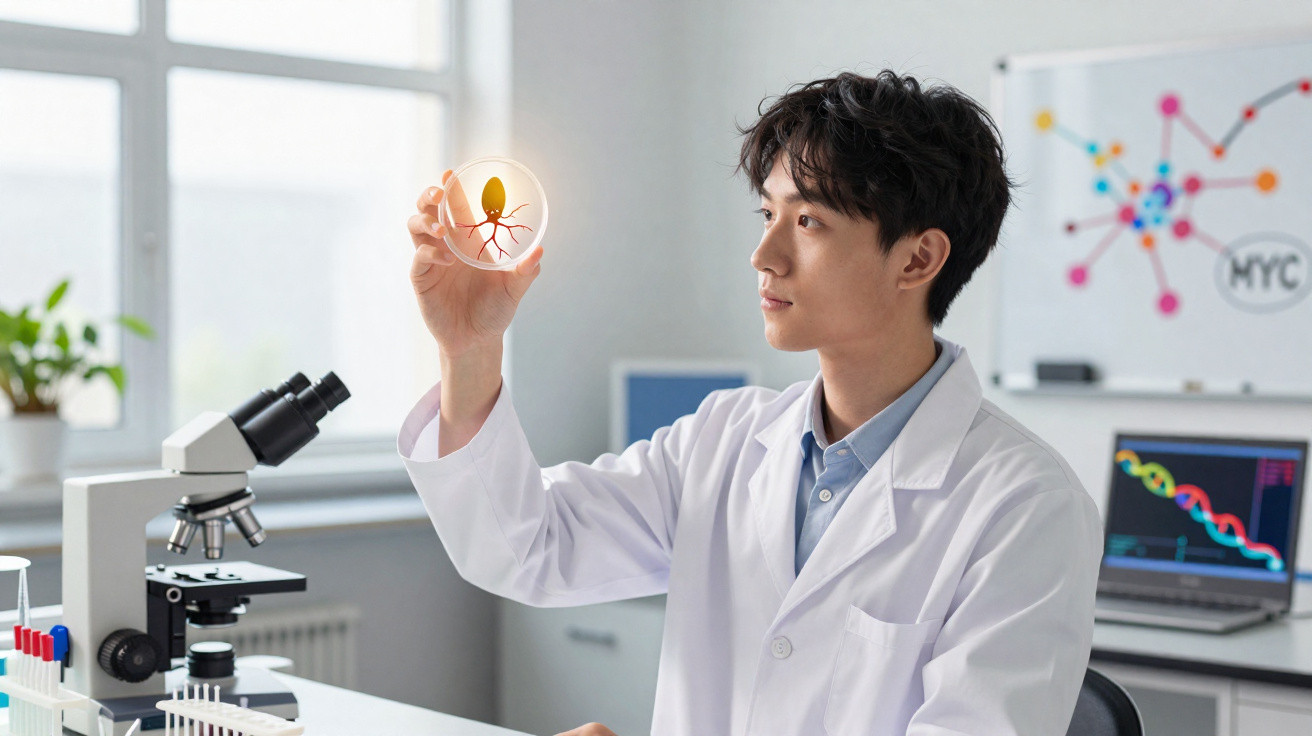 Cientista em laboratório observa cultura celular numa placa de Petri com microscópio e computador ao fundo.