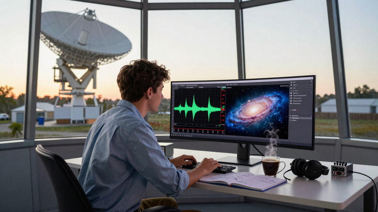Jovem analisa ondas sonoras e uma imagem da galáxia em monitores, com antena parabólica e pôr do sol ao fundo.