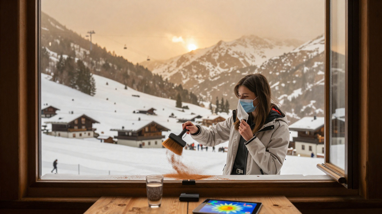 Mulher com casaco branco limpa janela interior com neve e montanhas ao fundo, segurando máscara facial.
