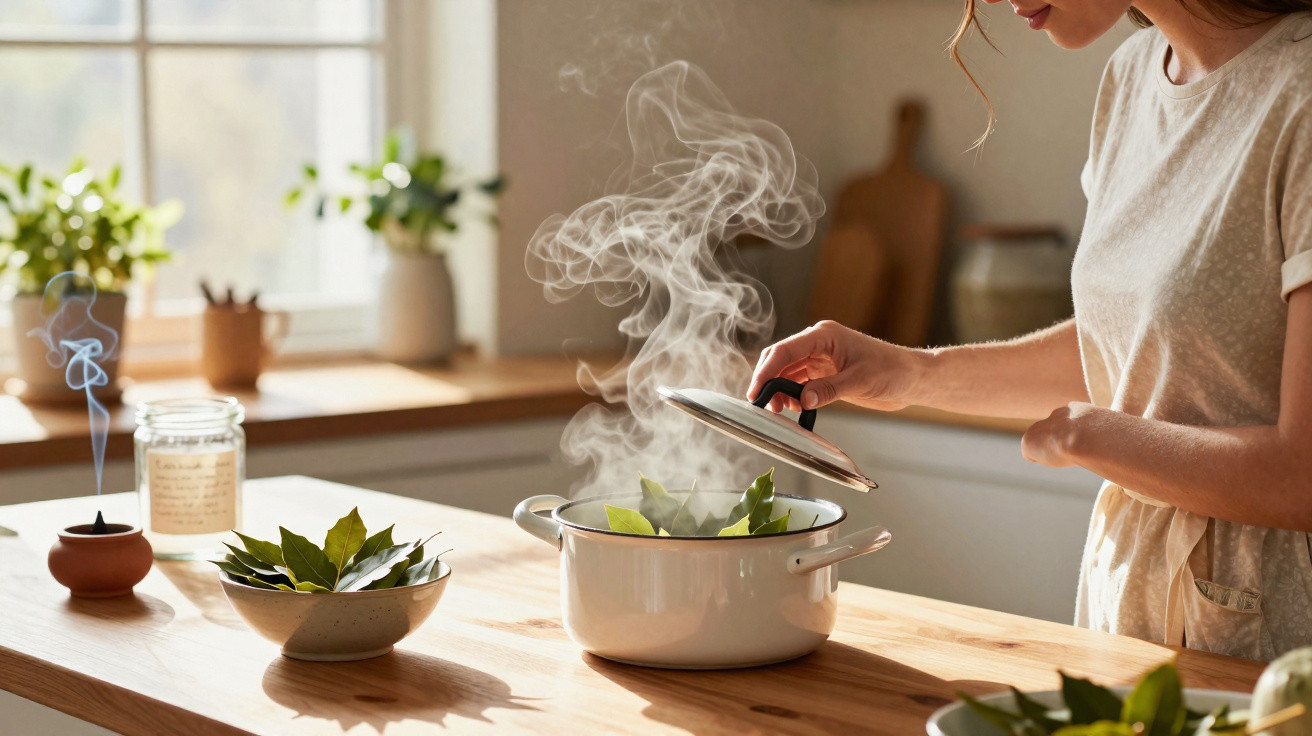 Pessoa a levantar tampa de panela branca com vapor, com folhas de louro numa cozinha iluminada.