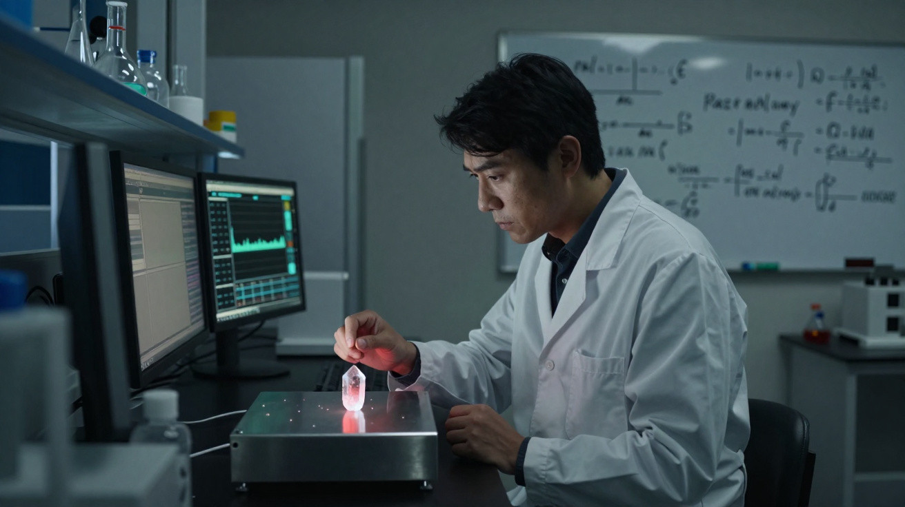 Cientista em bata branca analisa objecto iluminado em laboratório com monitores e quadro branco ao fundo.