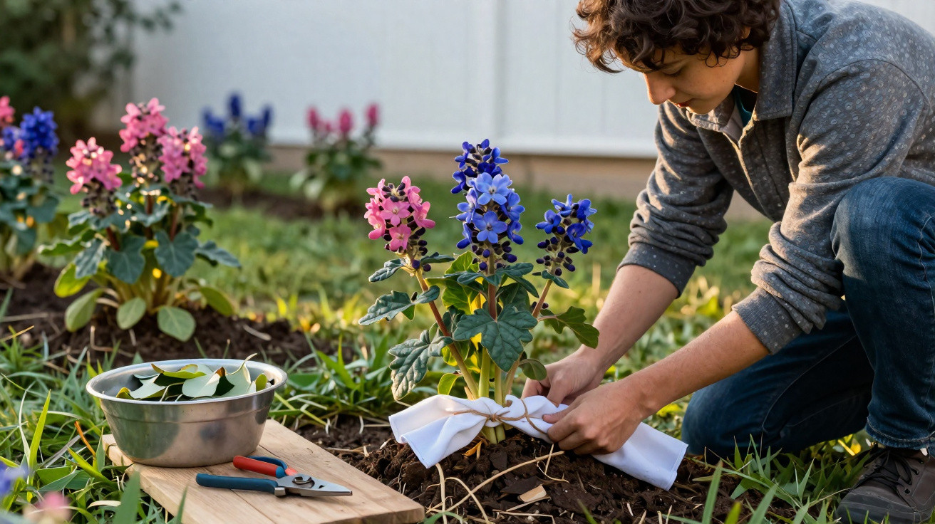 Mulher a cuidar de plantas floridas com azul e rosa num jardim, rodeada de ferramentas de jardinagem.