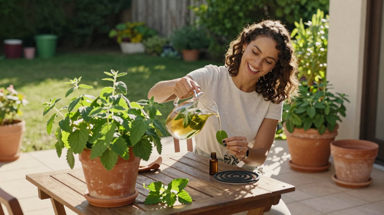 Mulher sorri enquanto despeja infusão de plantas numa mão, sentada numa mesa de madeira no jardim.
