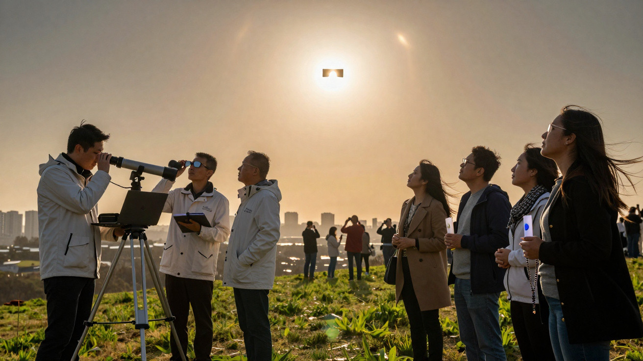 Grupo de pessoas a observar eclipse solar com telescópio e dispositivos num campo urbano ao entardecer.
