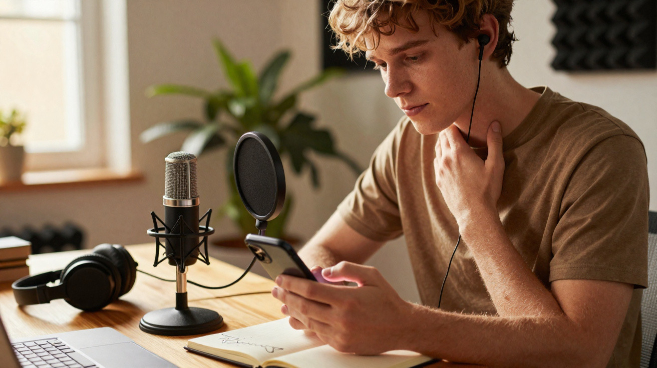 Jovem com auscultadores grava podcast ou áudio em estúdio caseiro, usando telemóvel e microfone profissional.