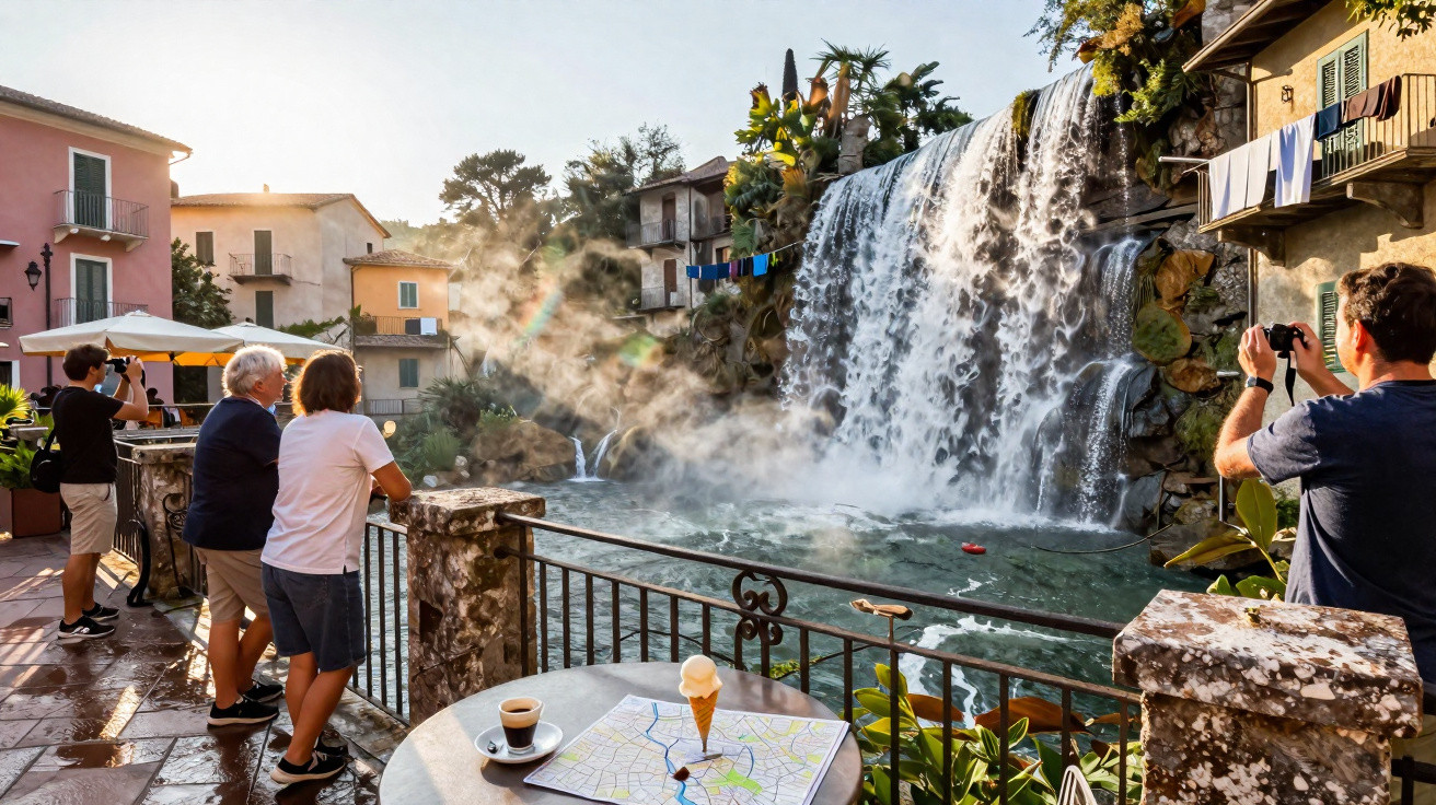 Catarata artificial numa vila com pessoas a observar e uma mesa com gelado, café e um mapa urbano.