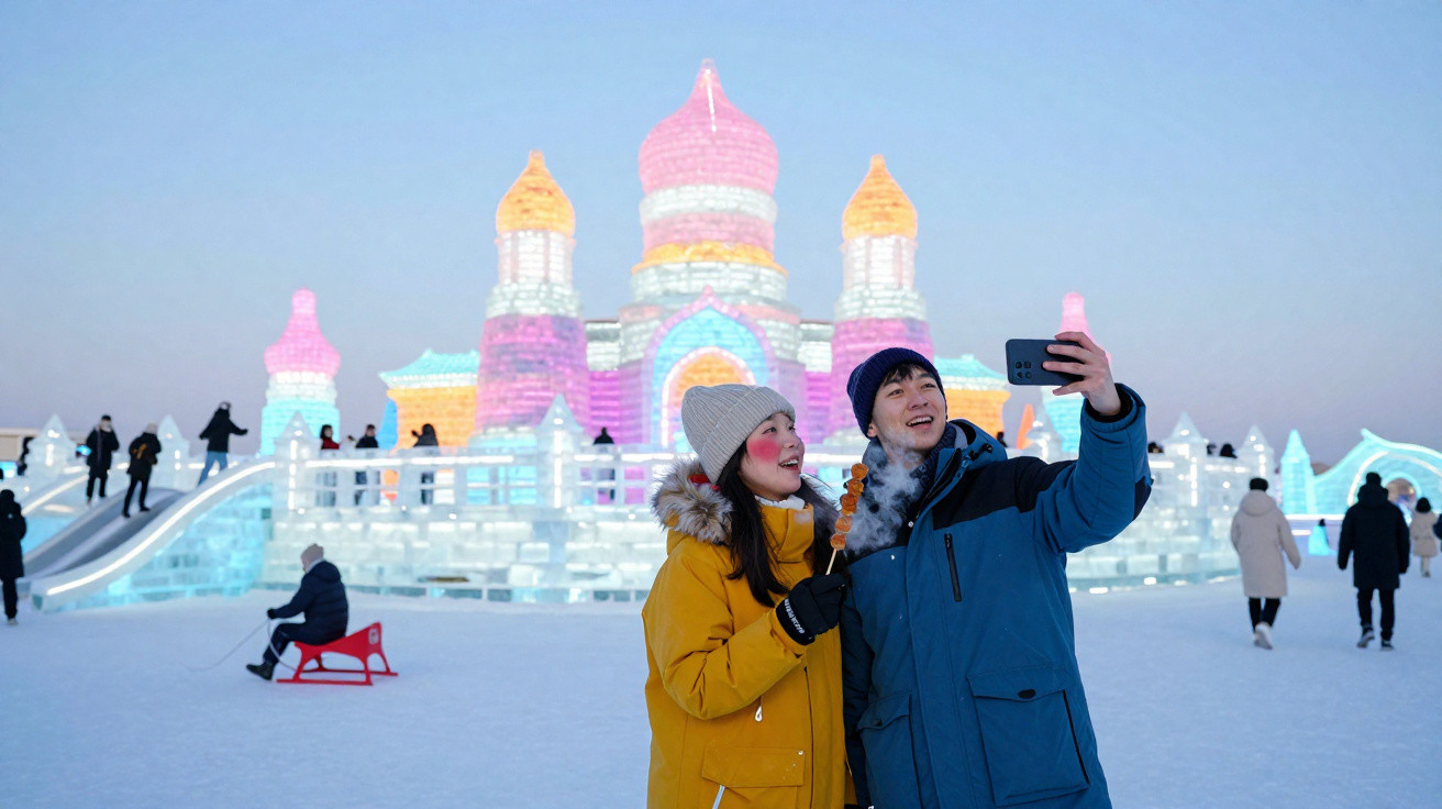 Duas pessoas tiram selfie em festival de escultura de gelo iluminada ao anoitecer, com outras pessoas ao fundo.