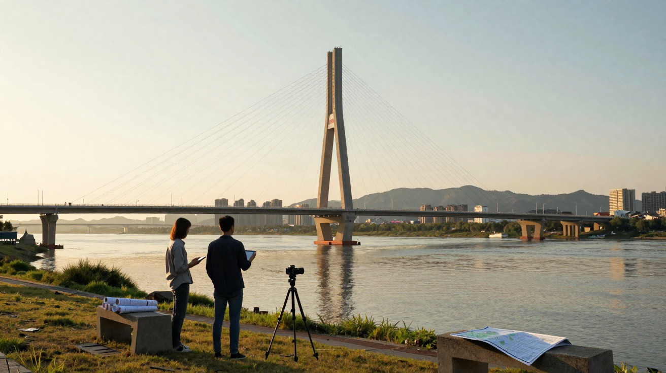 Duas pessoas sentadas num banco junto a um rio ao pôr do sol com uma ponte suspensa ao fundo.