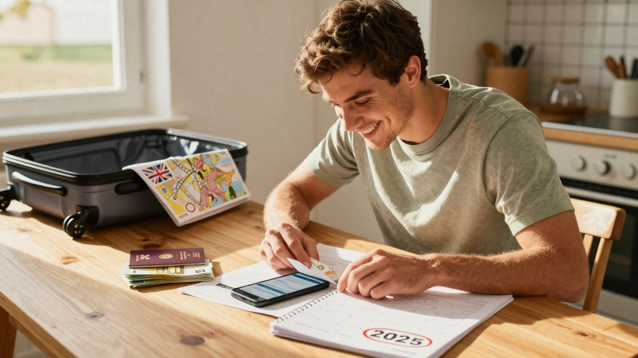 Jovem a planear viagem, escrevendo em papel com passaporte, dinheiro e mala aberta numa mesa.