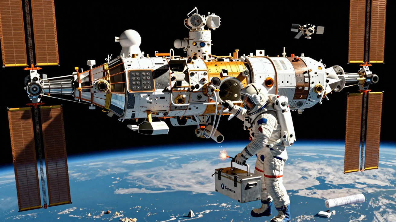 Astronauta em fato espacial realiza manutenção na estação espacial com a Terra ao fundo.
