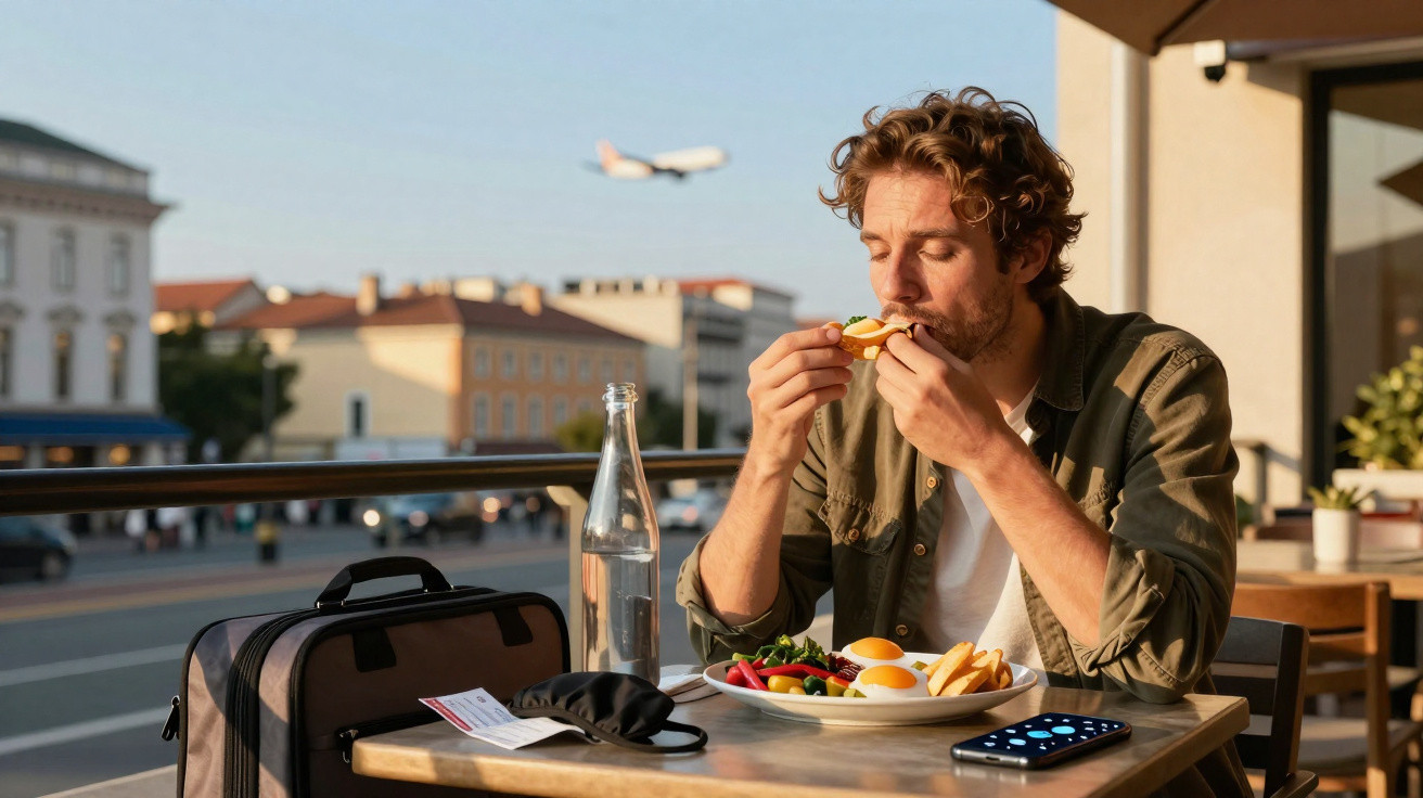 Homem a comer numa esplanada urbana com prato de salada, máscara e telemóvel na mesa.