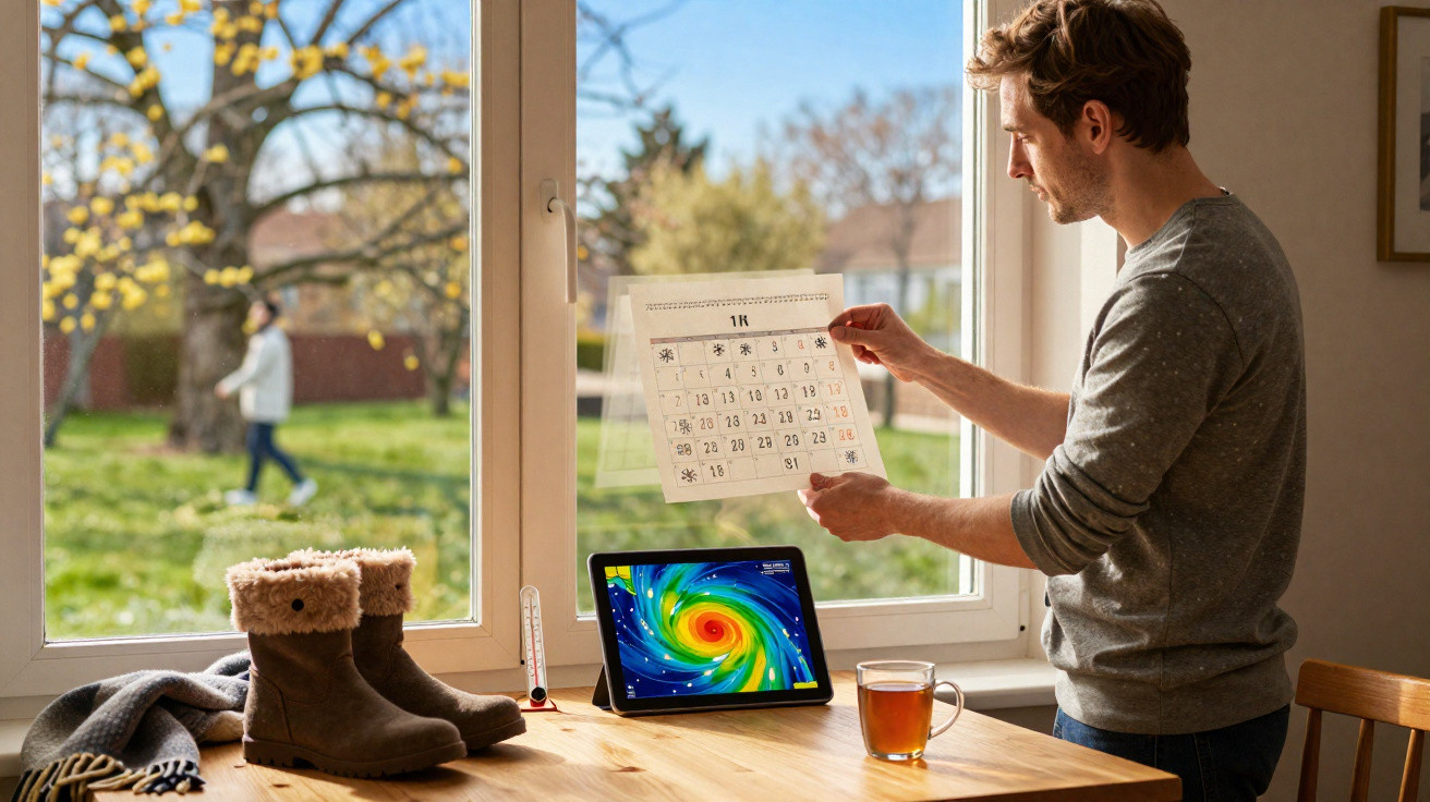 Homem a analisar calendário junto a uma janela com tablet a mostrar previsão de furacão e objetos de inverno na mesa.