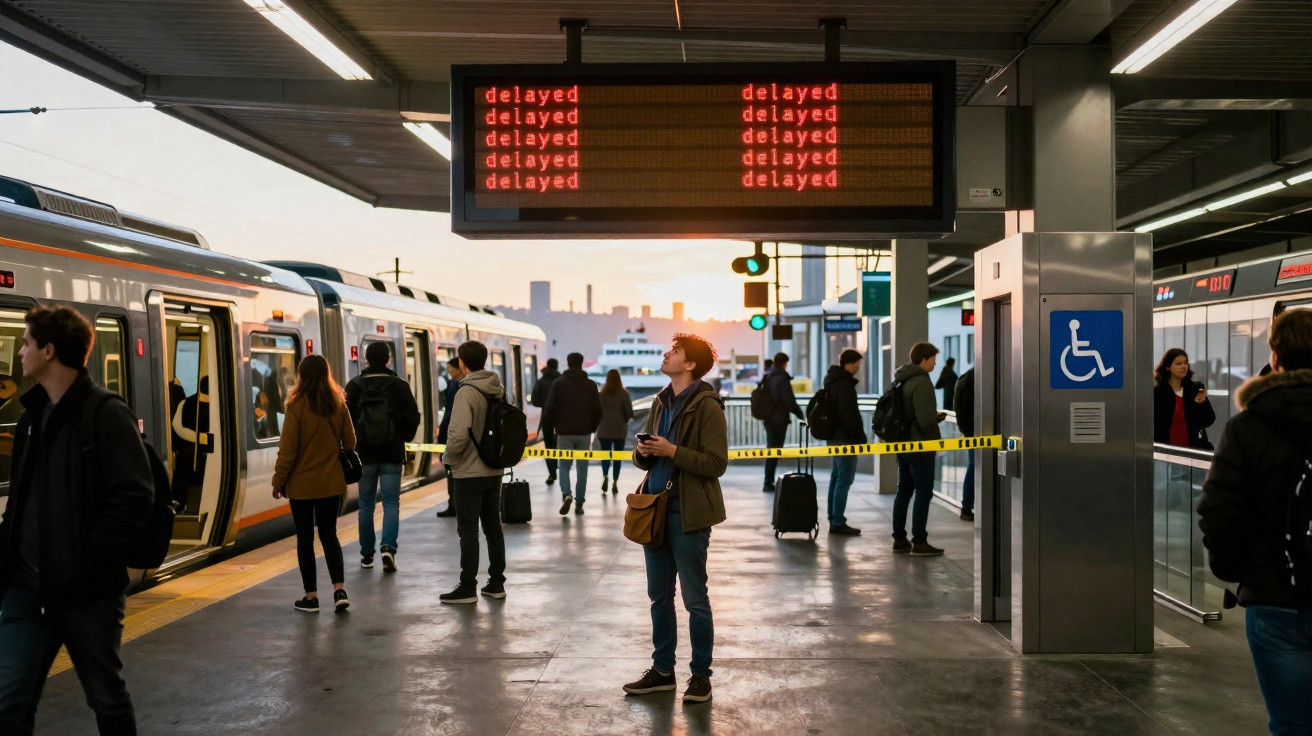 Estação de comboios com passageiros à espera e painel eletrónico mostrando vários atrasos.