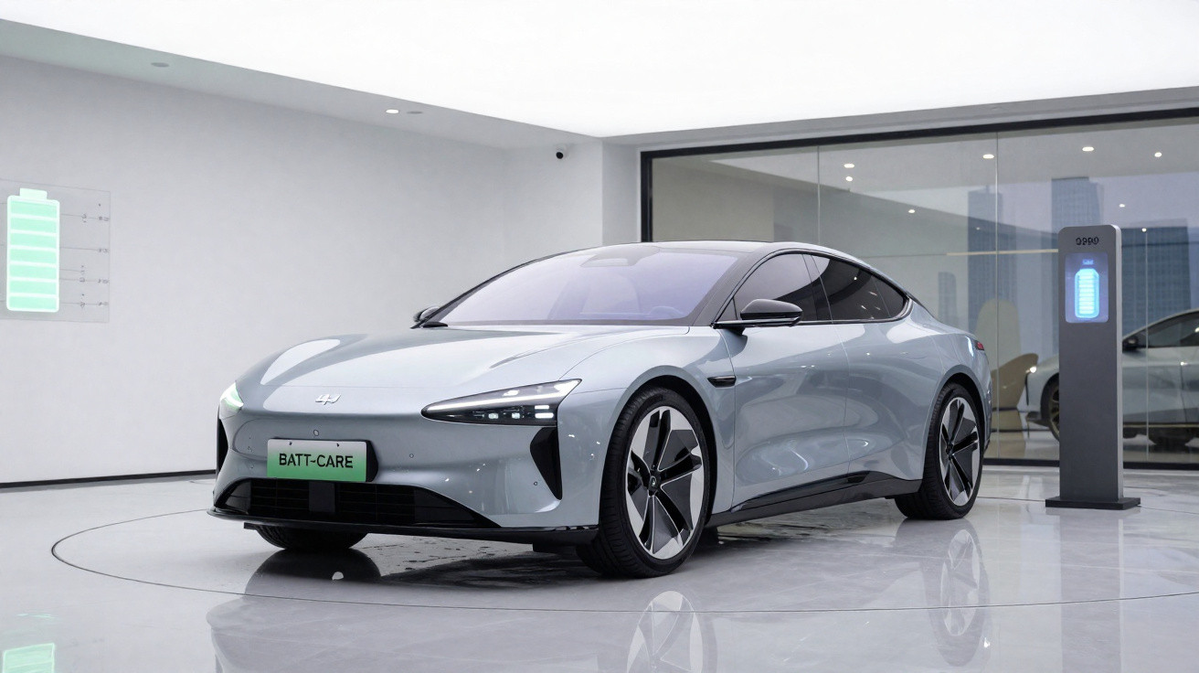 Carro elétrico prateado em exposição moderna com design aerodinâmico e painel de controlo digital.