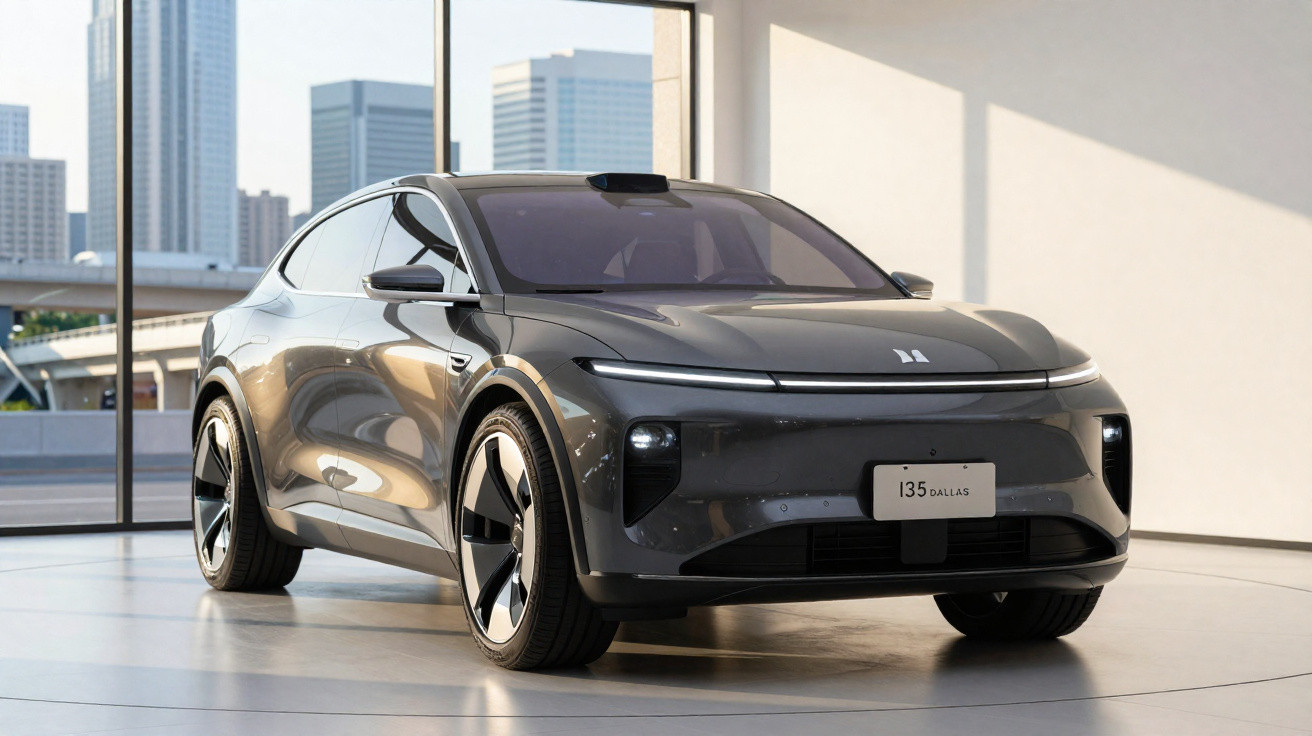 Automóvel elétrico cinzento estacionado em espaço interior com vista urbana ao fundo.