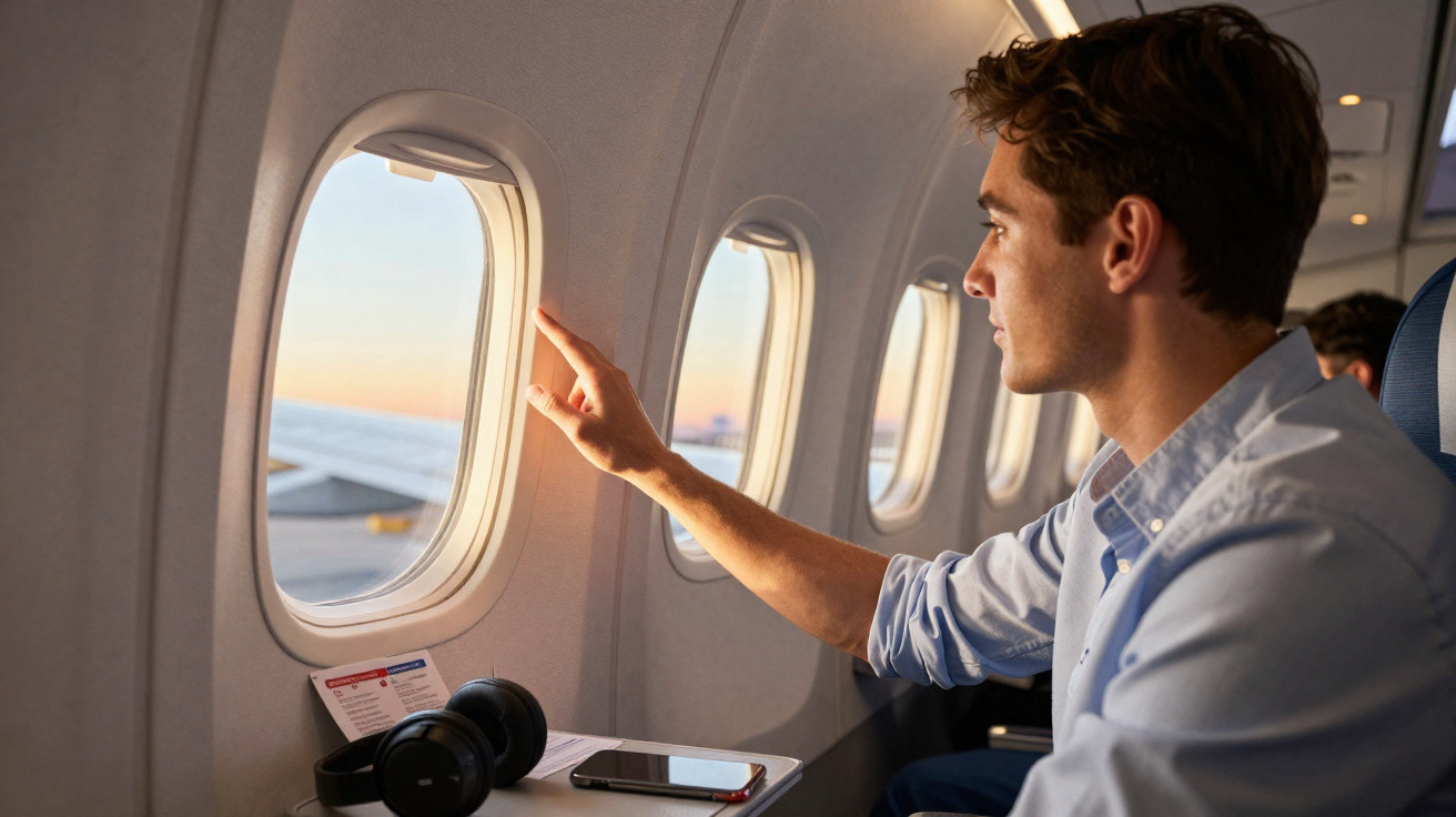 Homem sentado em avião a olhar pela janela durante pôr do sol, com auscultadores e telemóvel na mesa.