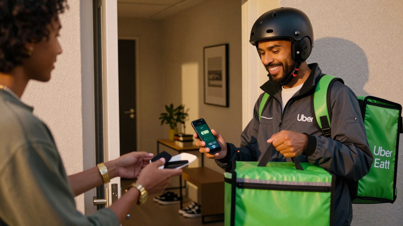Entregador da Uber Eats entrega comida a uma mulher que efetua pagamento com telemóvel numa porta.
