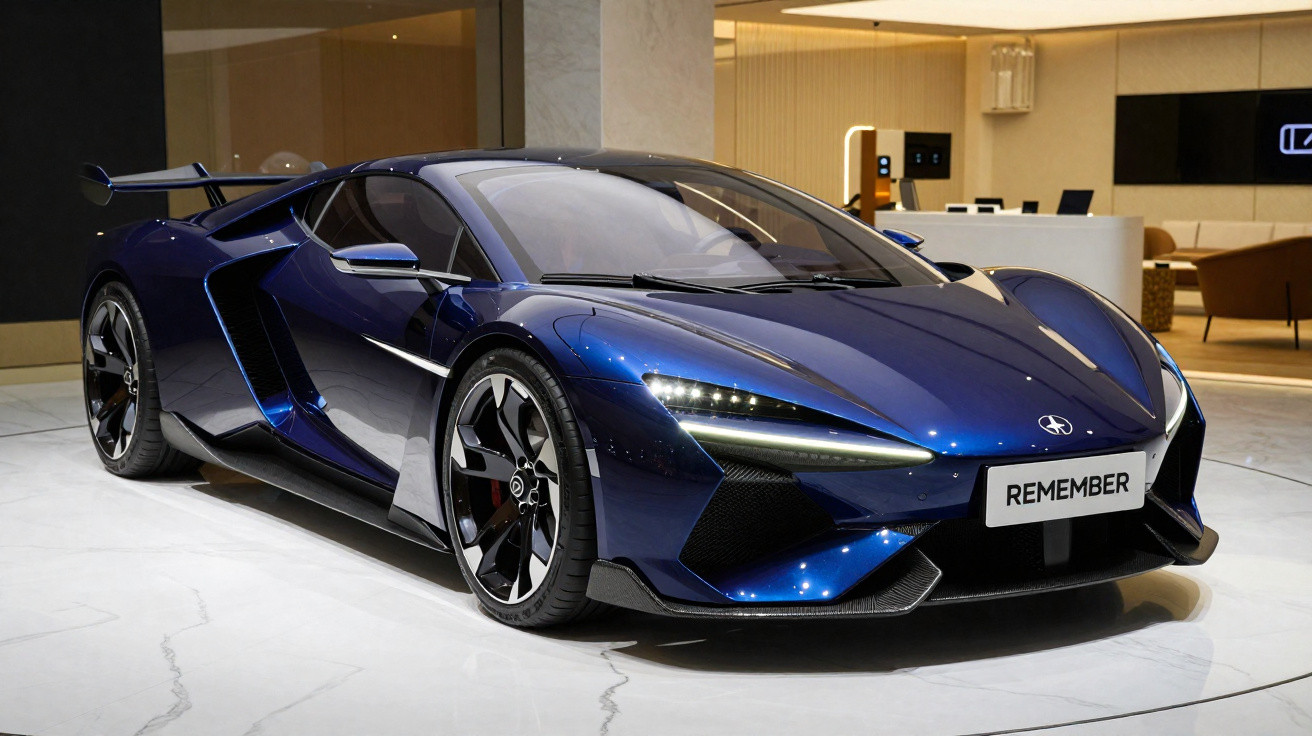 Carro desportivo azul metálico com linhas futuristas exibido em salão automóvel interior.