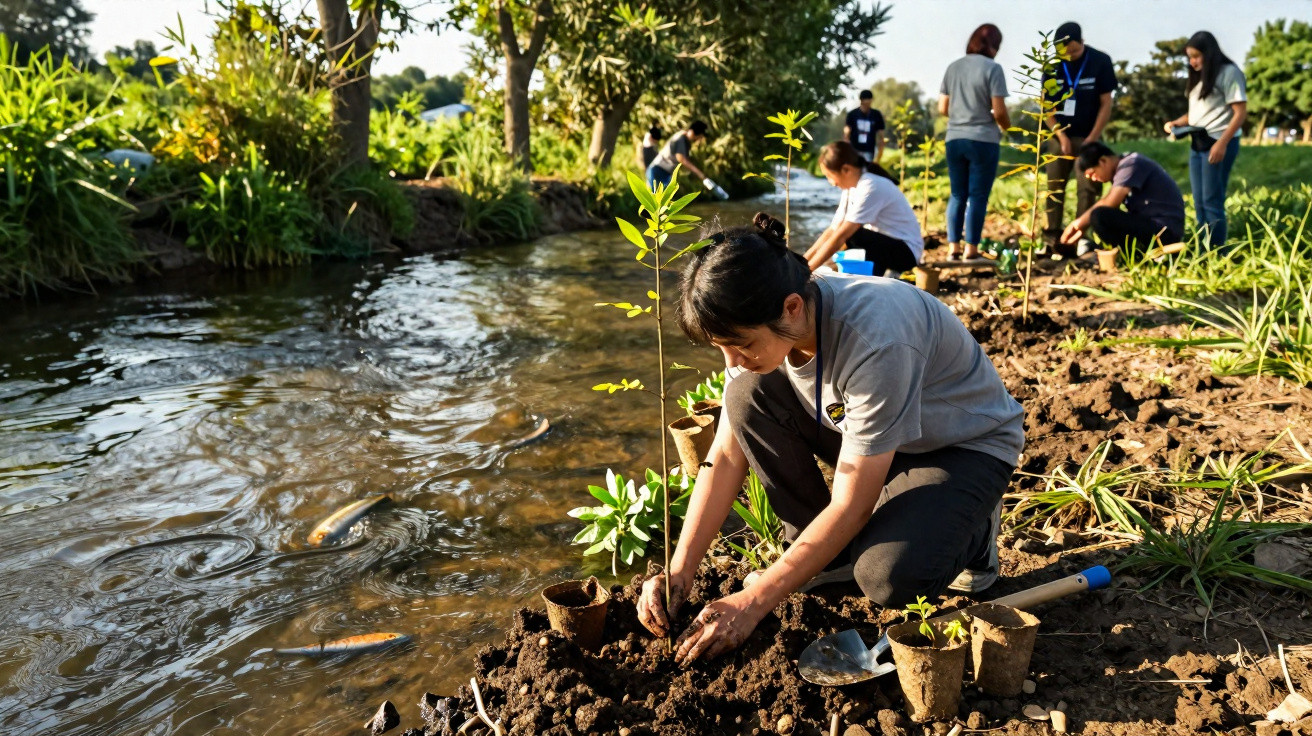 Jovens a plantar árvores e vegetação à beira de um rio num ambiente ensolarado e natural.