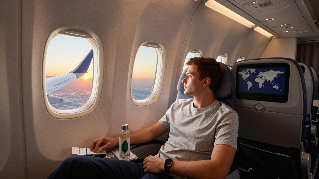 Homem sentado na janela de avião a ver o pôr do sol durante o voo acima das nuvens.