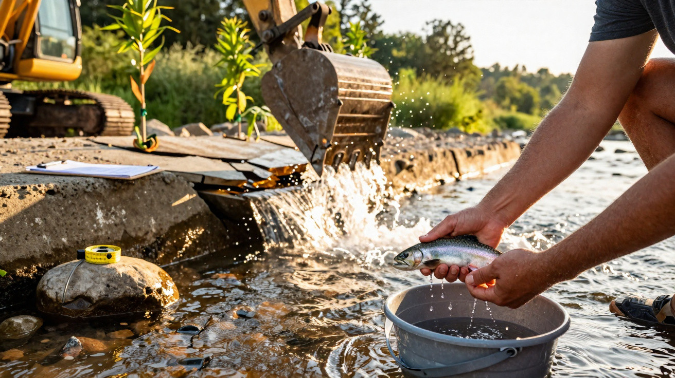 Pessoa a segurar peixe junto à água, máquina escavadora a derramar água e fita métrica sobre pedra.