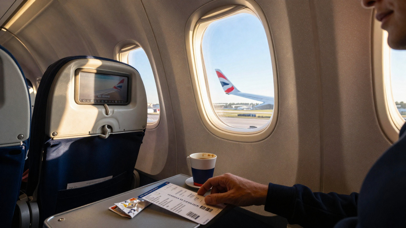 Vista do interior de um avião com mão segurando bilhete junto à janela e asa visível no exterior.