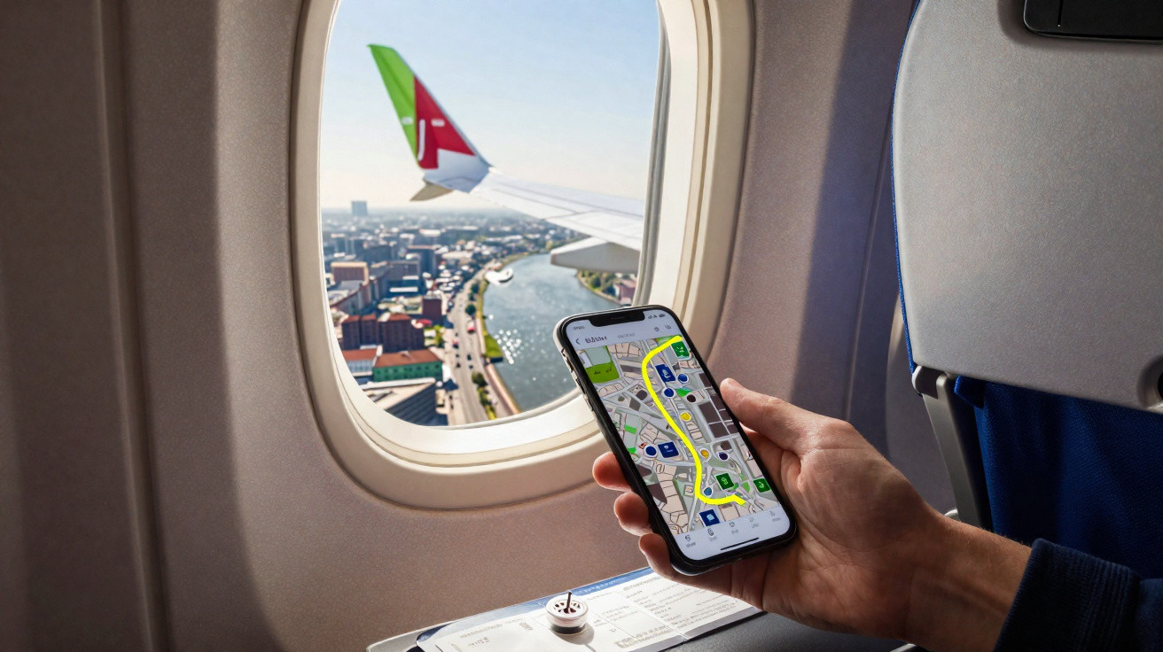 Vista pela janela do avião com asa TAP, mão segura telemóvel com mapa digital, bilhete e auricular na mesa.