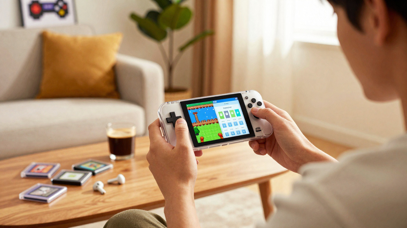 Pessoa a jogar videojogo numa consola portátil transparente numa sala de estar moderna.