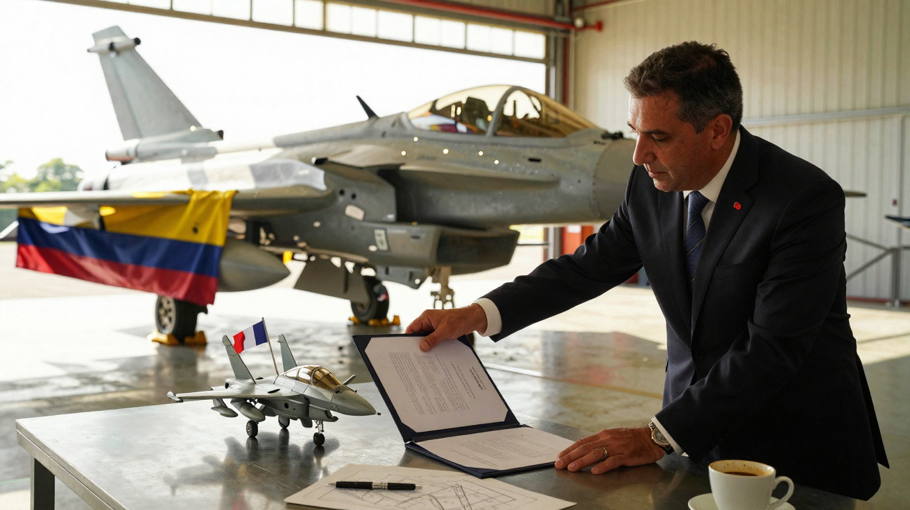 Homem de fato manuseia modelo de avião militar em hangar com caça ao fundo e bandeiras da Colômbia.