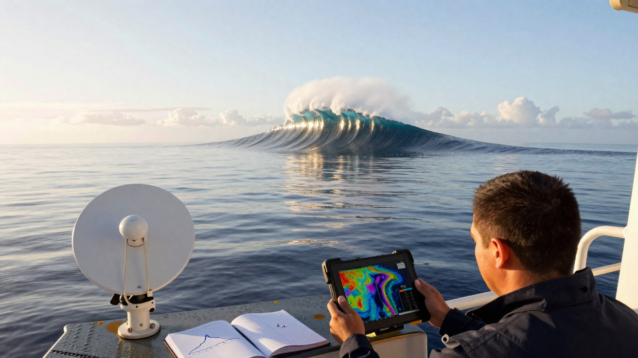 Homem observa onda gigante incomum no mar através de tablet com dados meteorológicos a bordo de barco.