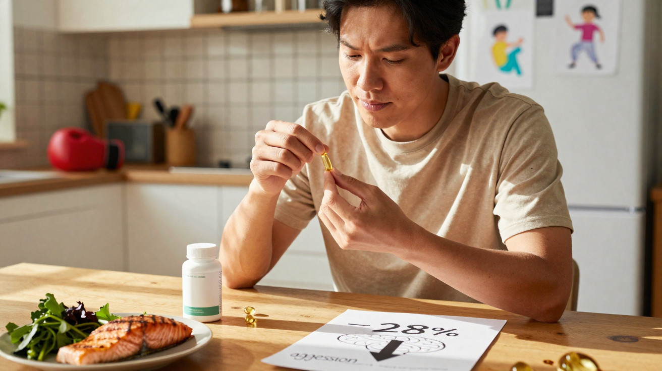 Homem sentado à mesa numa cozinha a preparar-se para tomar um comprimido, com prato de salmão e vegetais à frente.