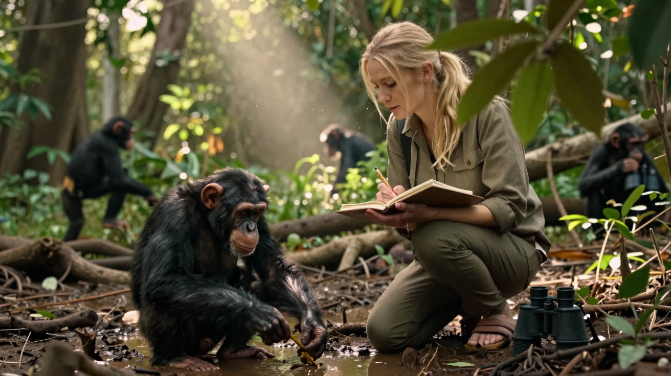 Mulher observa e regista comportamento de chimpanzé na floresta, rodeada por outros macacos.