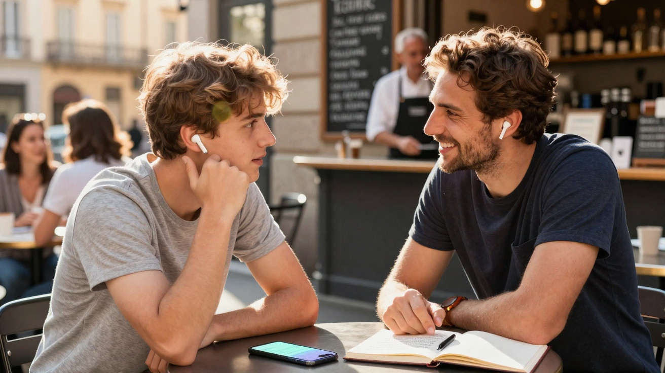 Dois jovens sentados numa esplanada a conversar, com auriculares brancos e um livro aberto na mesa.