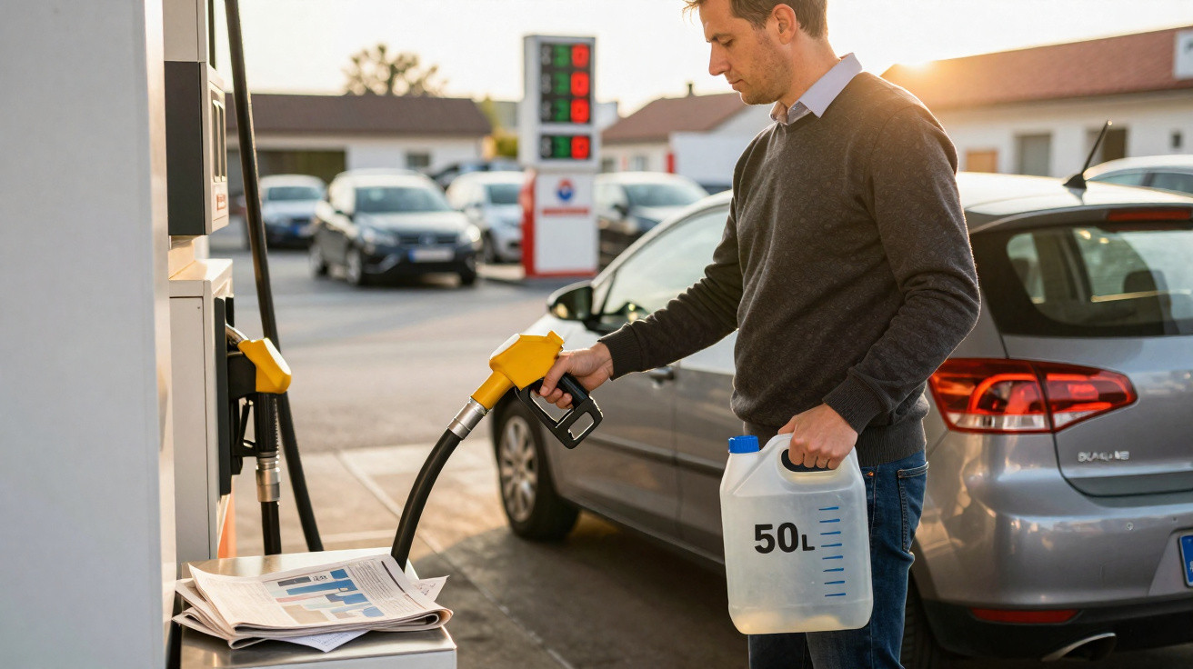 Homem a abastecer um recipiente de combustível amarelo numa bomba de gasolina ao ar livre.