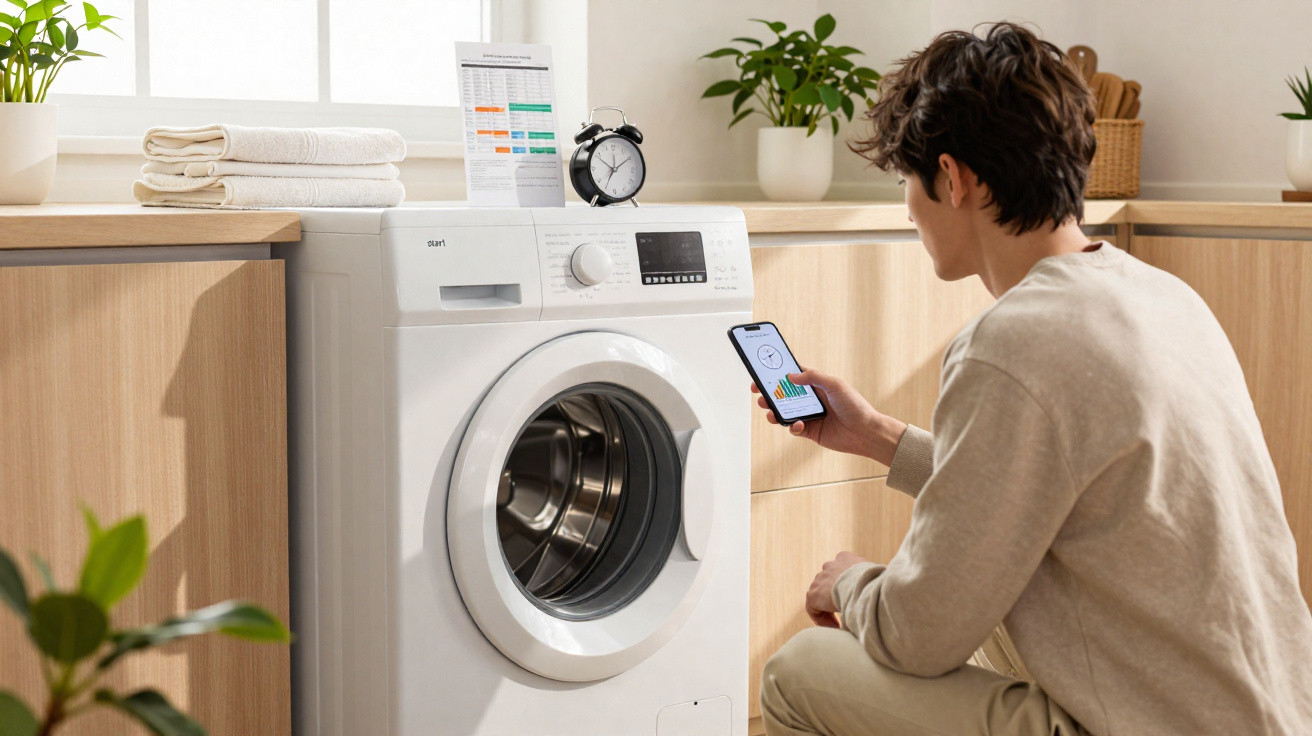 Pessoa a controlar máquina de lavar roupa com telemóvel numa lavandaria luminosa e organizada.