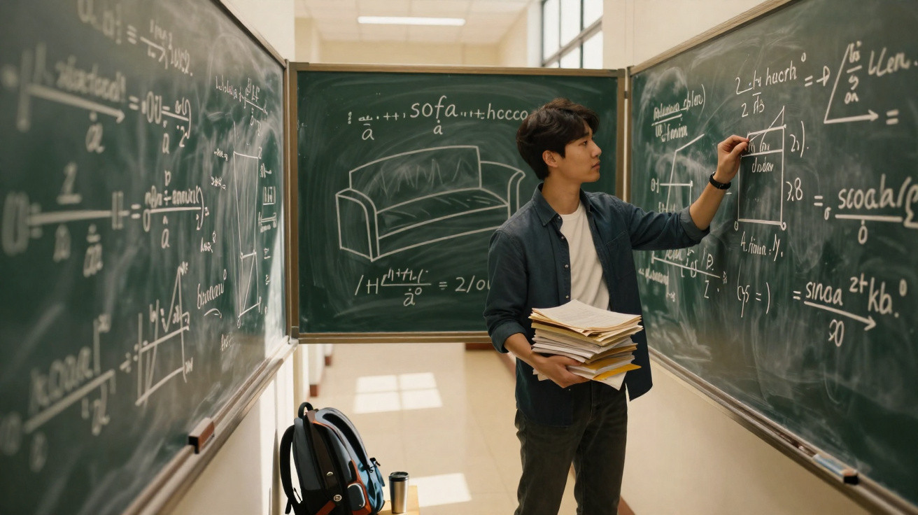 Estudante a explicar fórmulas matemáticas e desenho de um sofá numa sala de aula com quadros negros.