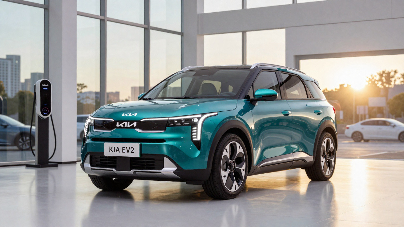 Carro elétrico KIA EV2 verde-azulado em exposição num salão moderno com pontos de carregamento elétrico.