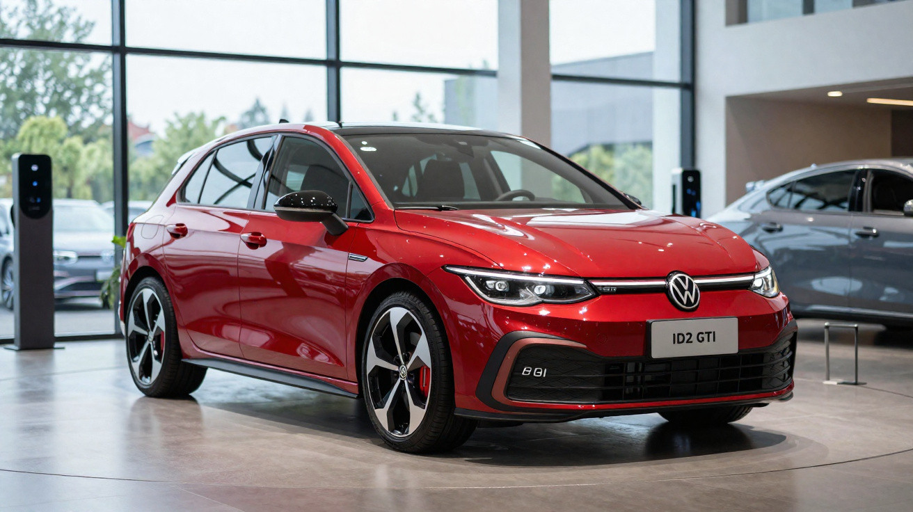 Carro desportivo Volkswagen ID.2 GTI vermelho exibido em showroom moderno com janelas amplas.