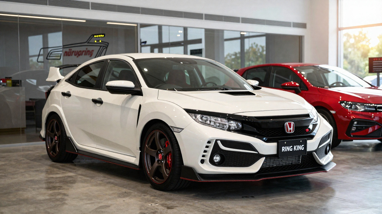Carro desportivo Honda branco com detalhes pretos e vermelho numa garagem moderna com outro carro vermelho ao fundo.