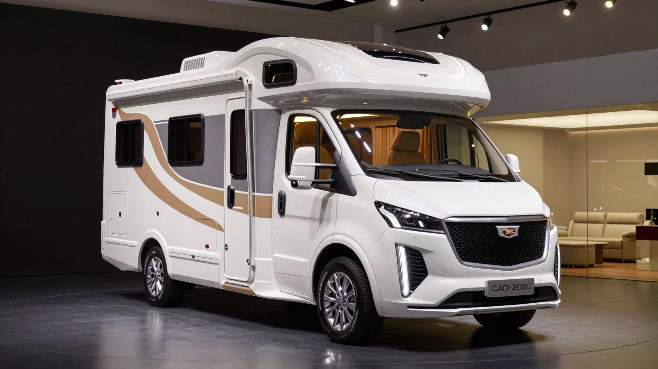 Autocaravana branca da Cadillac com detalhes castanhos, em exposição num espaço interior moderno.