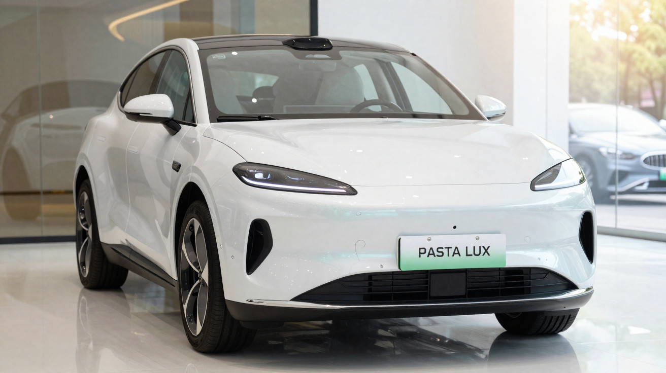 Carro elétrico moderno branco em exposição, visto de frente e lado direito, com luzes dianteiras acesas.