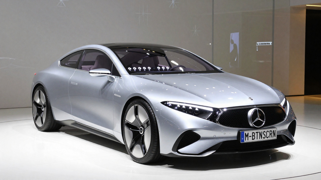 Automóvel Mercedes-Benz prata estacionamento interior com design moderno e faróis LED acesos.